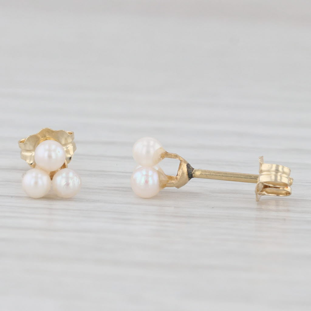 Light Gray 3-Stone Cluster Cultured Pearl Stud Earrings 10k Yellow Gold