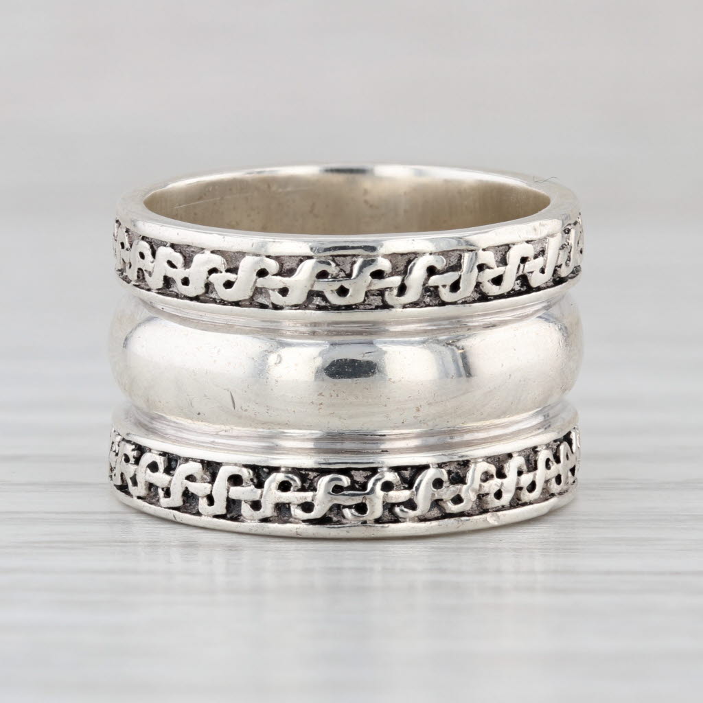 Wide Band Patterned Statement Ring Sterling Silver Size 6.75 12.7mm