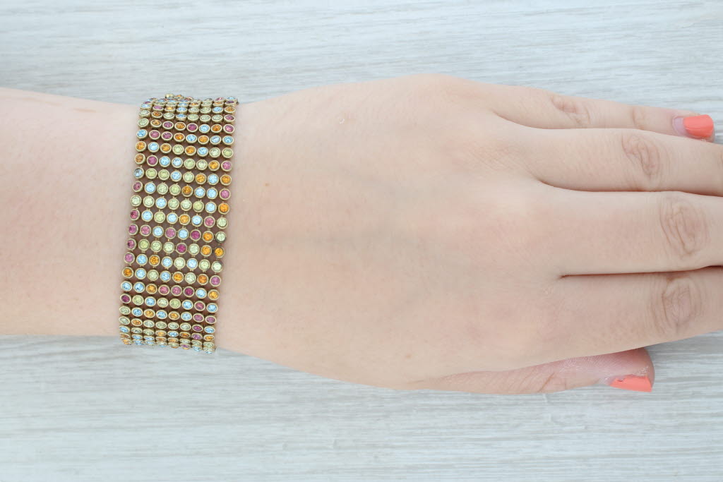 7" Gemstone Mesh Chain Bracelet 14k Yellow Gold Peridot Topaz Garnet Citrine