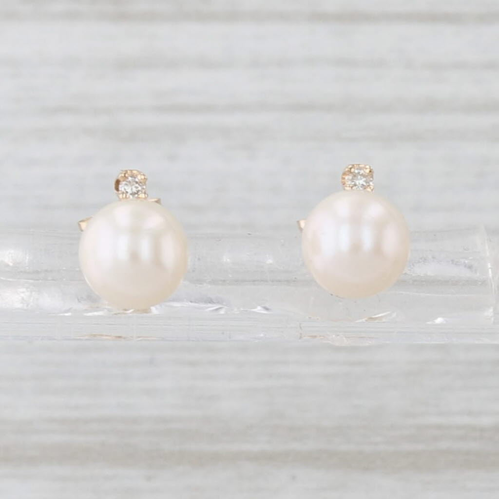 Cultured Pearl Diamond Stud Earrings 14k Yellow Gold Studs