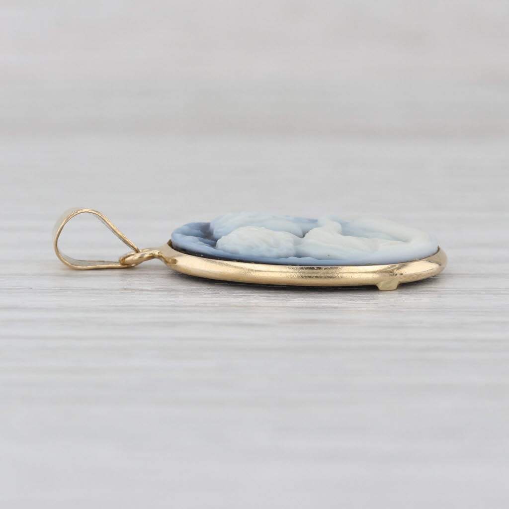 Black White Chalcedony Carved Mother Child Cameo Pendant 14k Yellow Gold