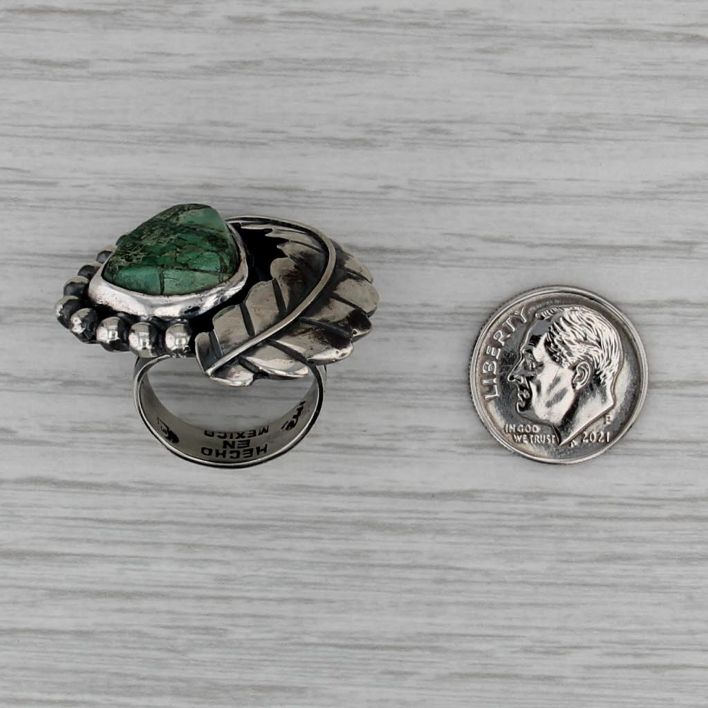 Vintage Green Copper Mineral Resi Feather Ring Sterling Silver Size 6.25