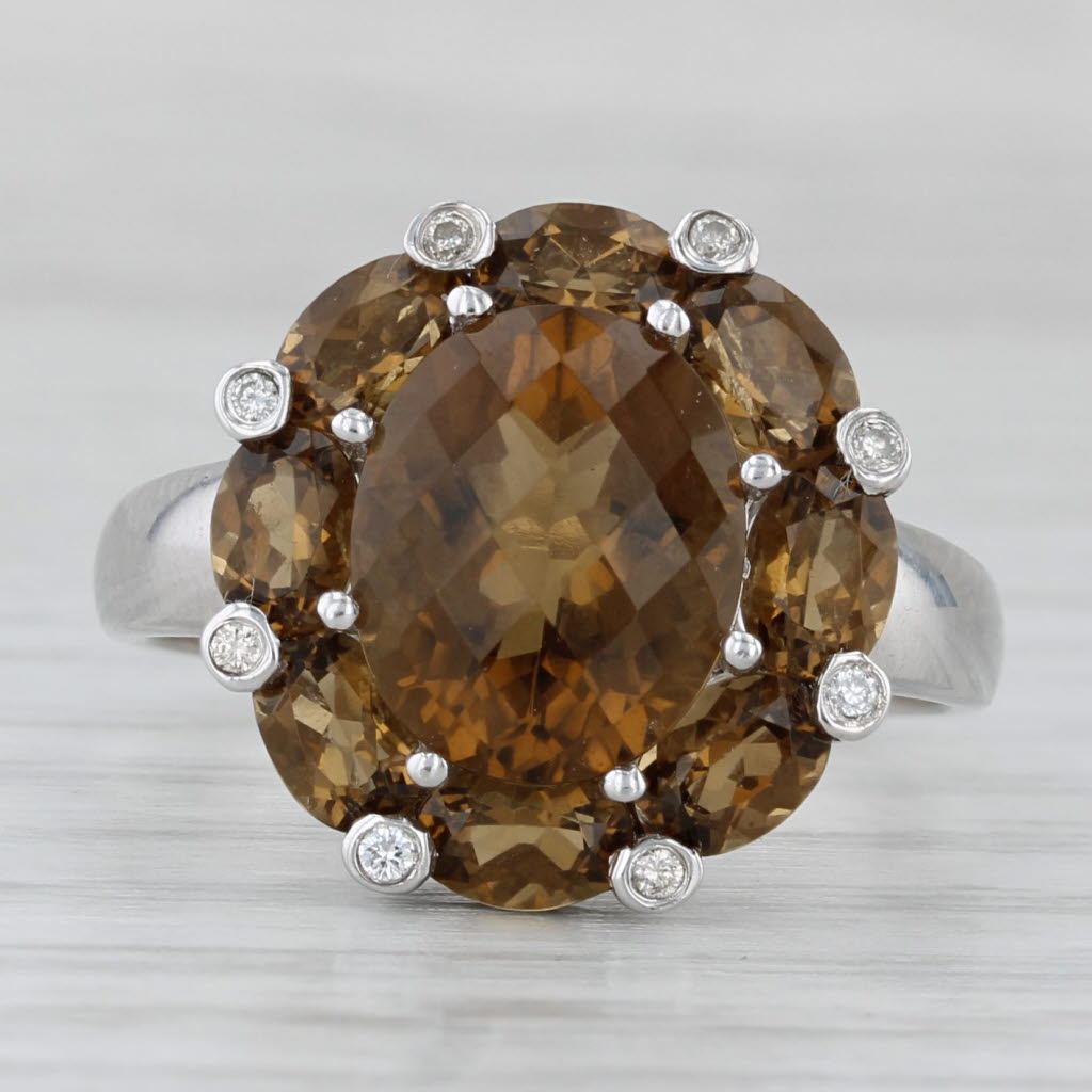 Light Gray 5.87ctw Brown Citrine Flower Diamond Ring 14k White Gold Cocktail Size 9.25
