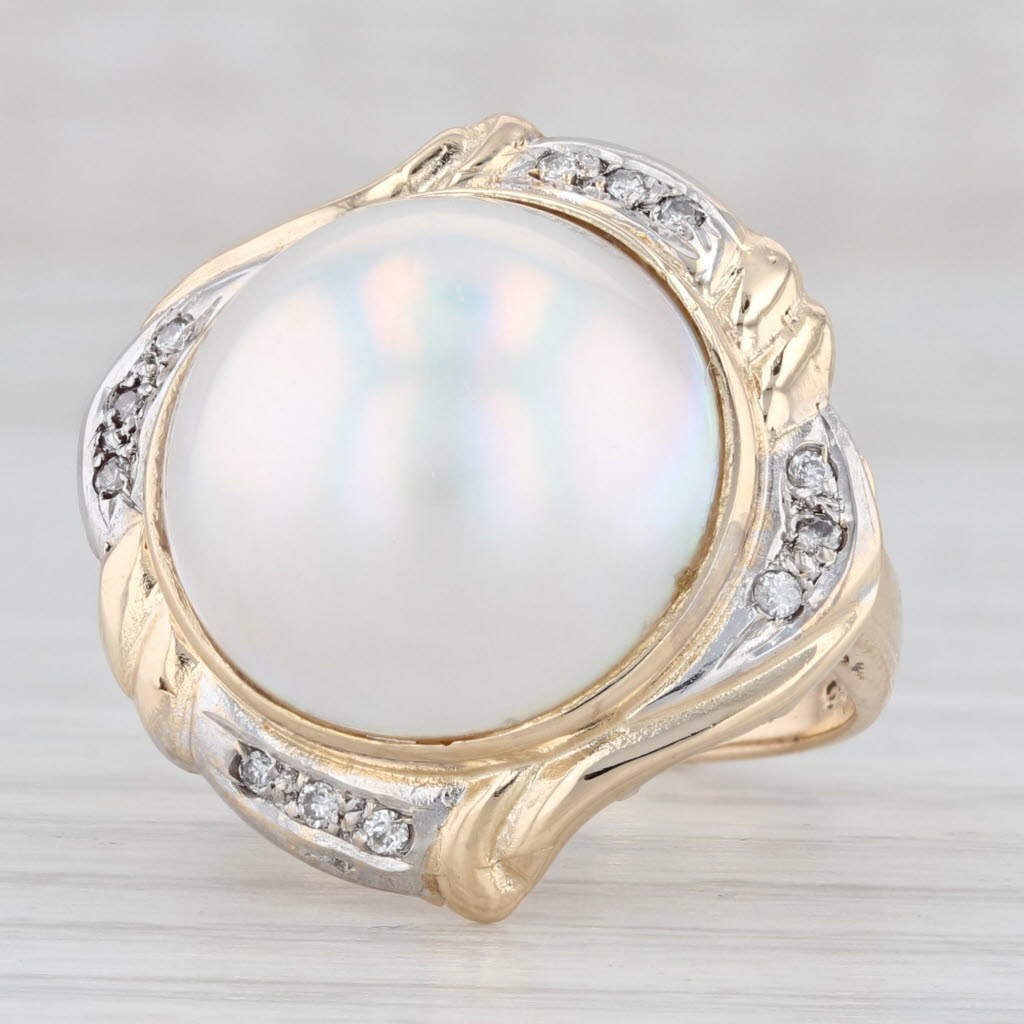 Light Gray Cultured Made Pearl Diamond Halo Ring 14k Yellow Gold Size 5.5 Cocktail