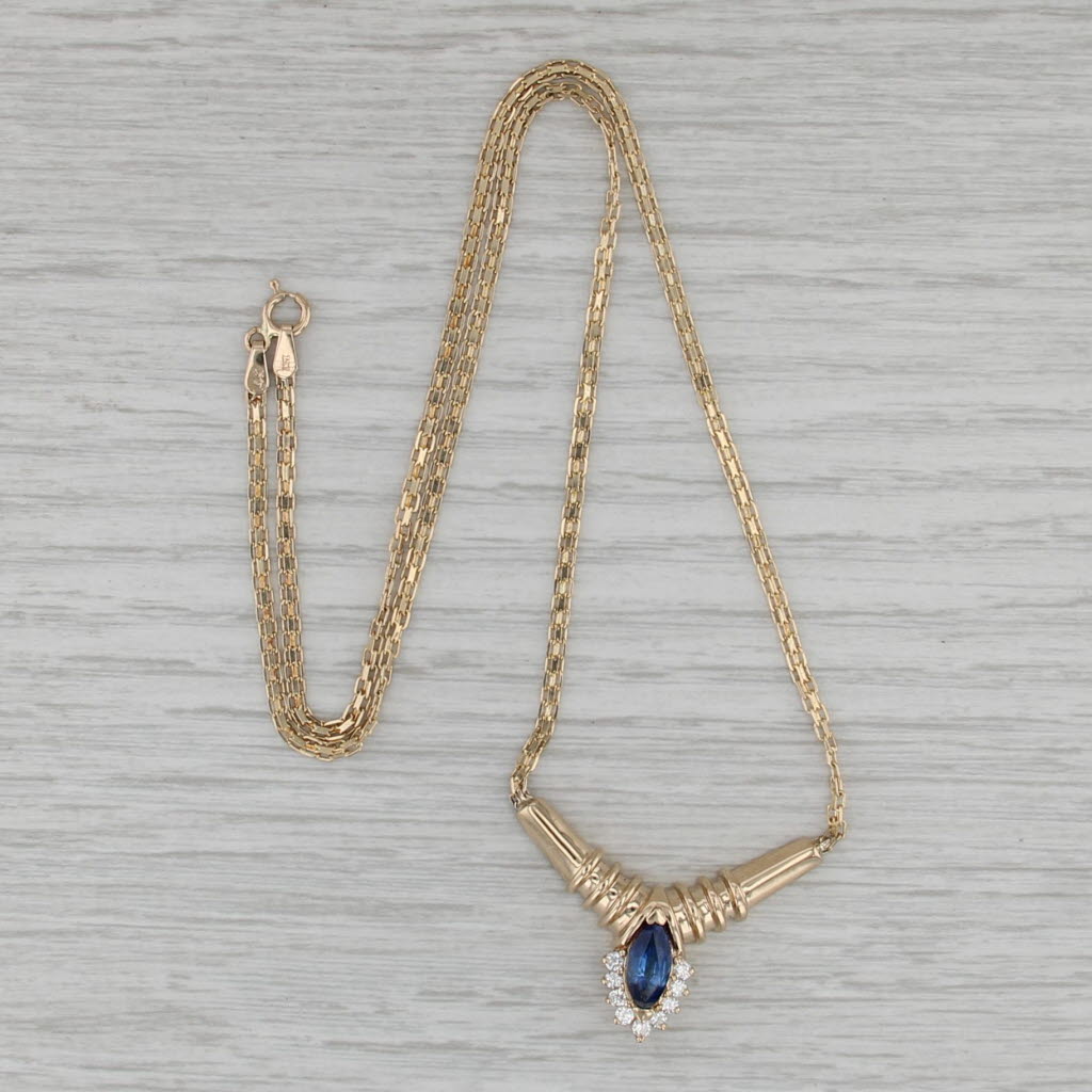 1.20ctw Blue Sapphire Halo V Necklace 14k Yellow Gold 18" Bismack Chain