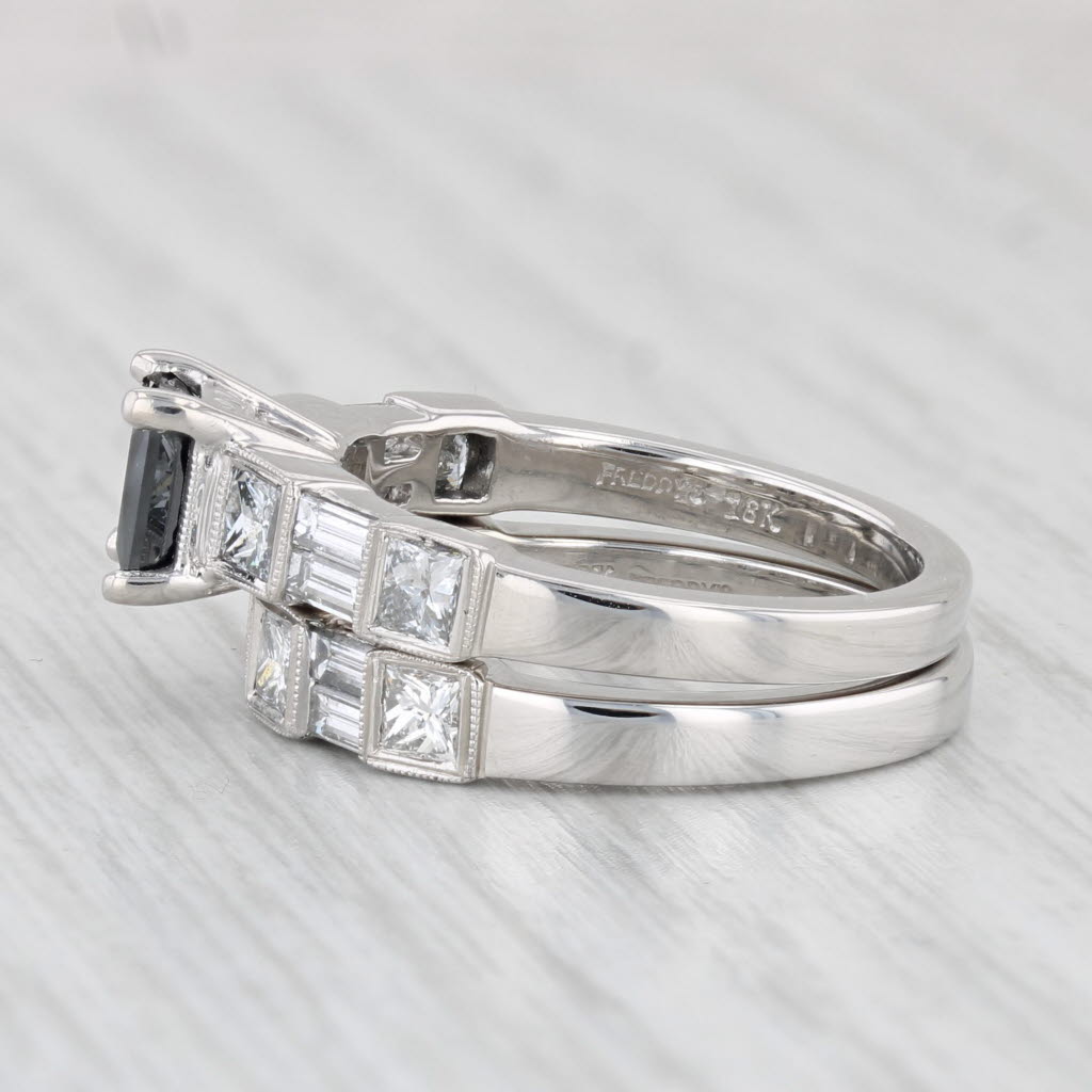 Light Gray 2.54ctw Princess Black Diamond Engagement Ring Wedding Band Set 18k White Gold