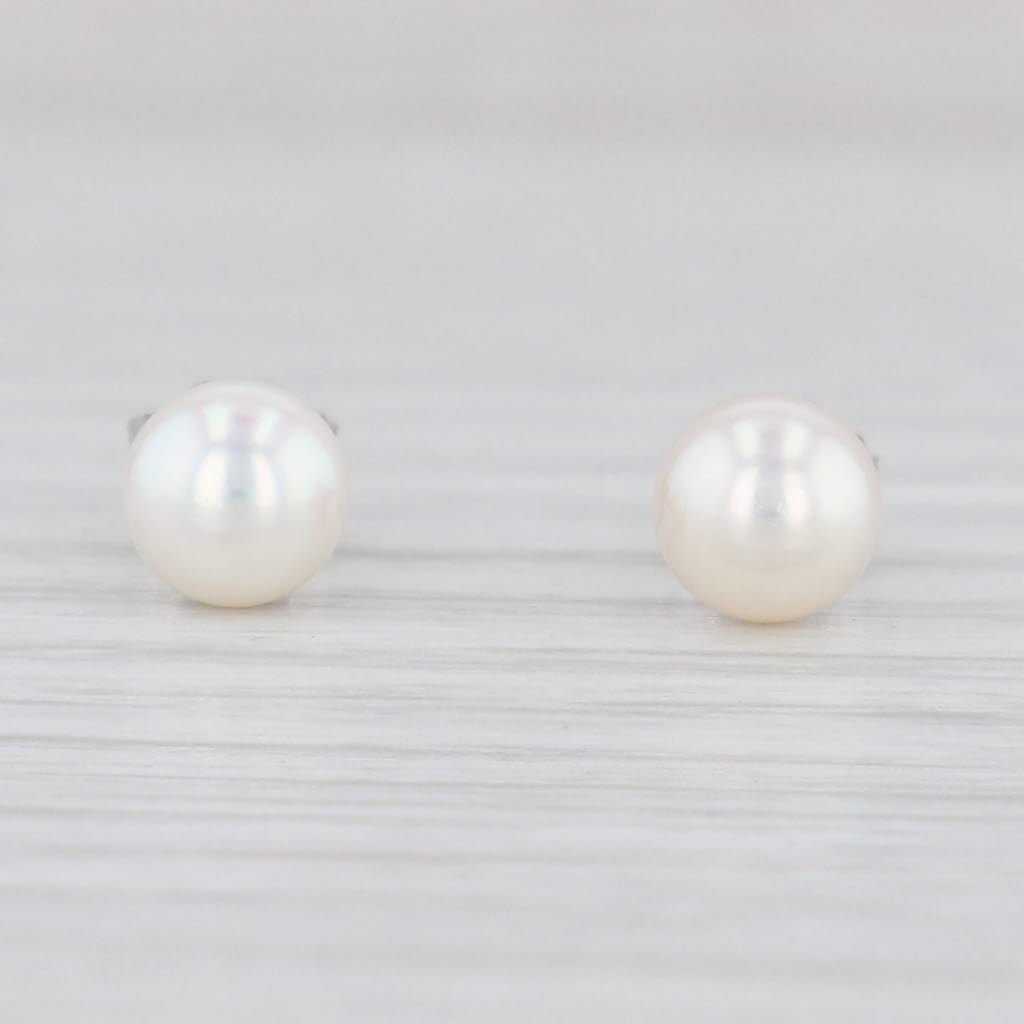 Light Gray New Cultured Pearl Stud Earrings 14k Yellow Gold 5.4mm Round Bead Solitaires