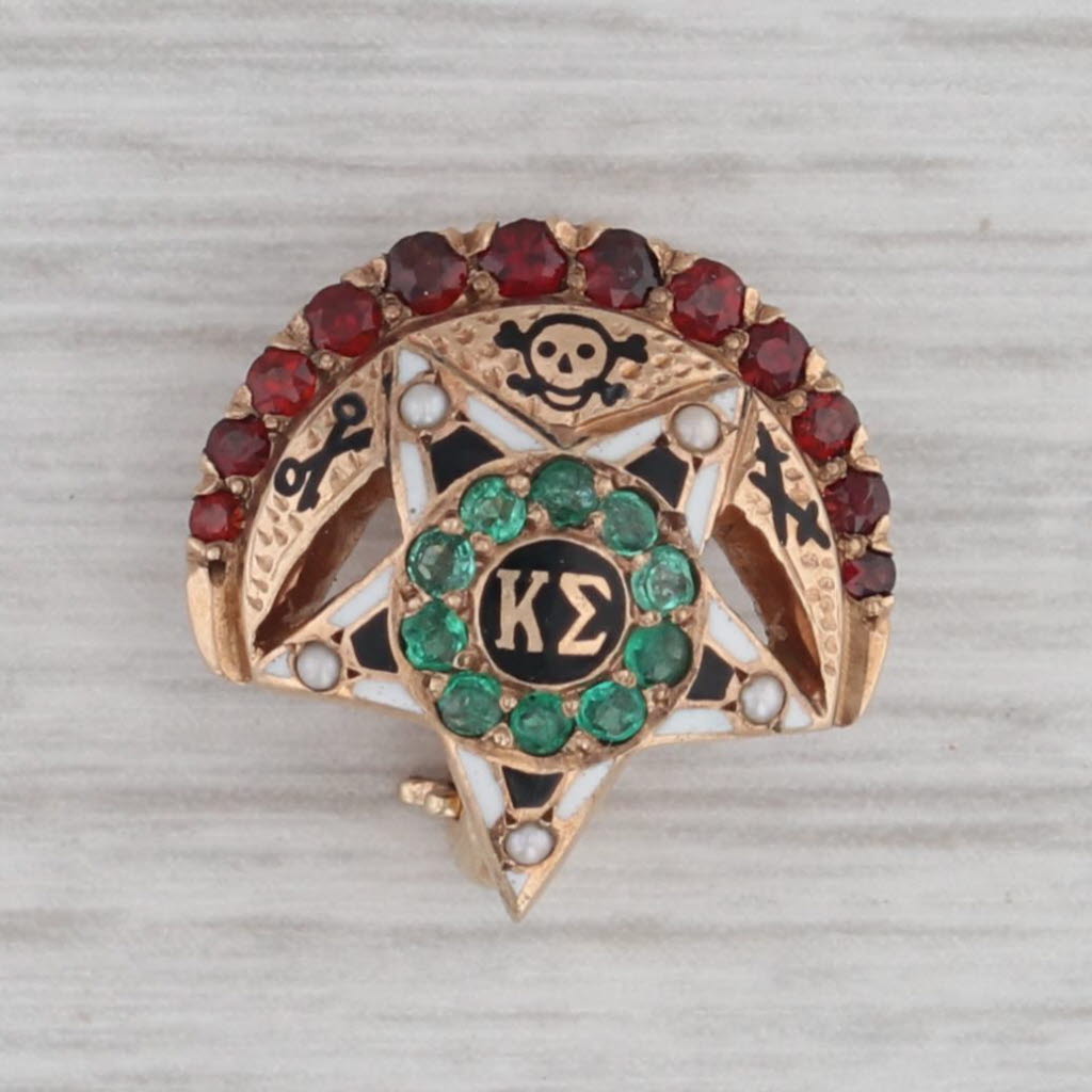 Gray Kappa Sigma Crescent Moon Star Badge 10k Gold Pearl Emerald Garnet Fraternity