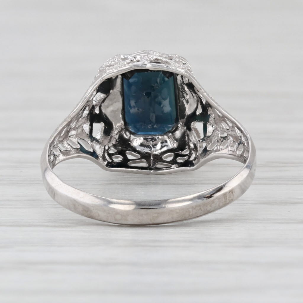 Art Deco 1.40ctw Blue Sapphire Solitaire 14k White Gold Filigree Size 4.5