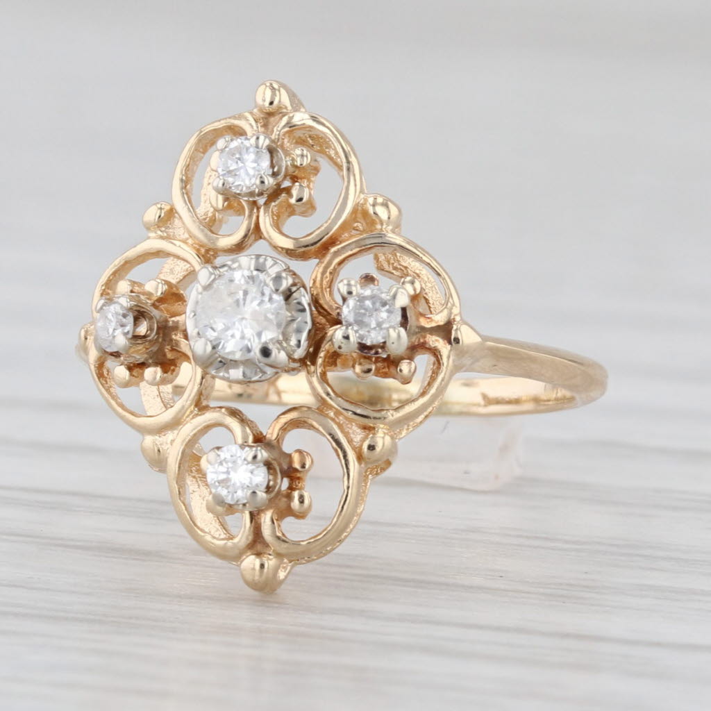 Vintage Openwork 0.15ctw Diamond Ring 14k Yellow Gold Small Size 3