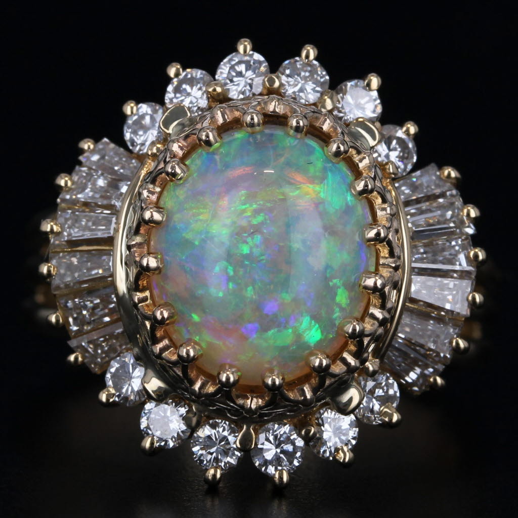 Black Vintage Colorful Opal 0.94ctw Diamond Halo Ring 18k Gold Cocktail Size 7