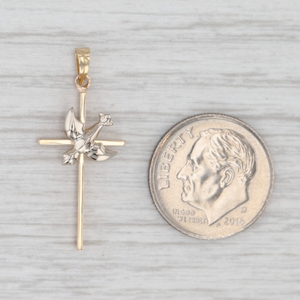 Light Gray Dove Cross Pendant 14k Yellow White Gold Small Drop Religious Jewelry