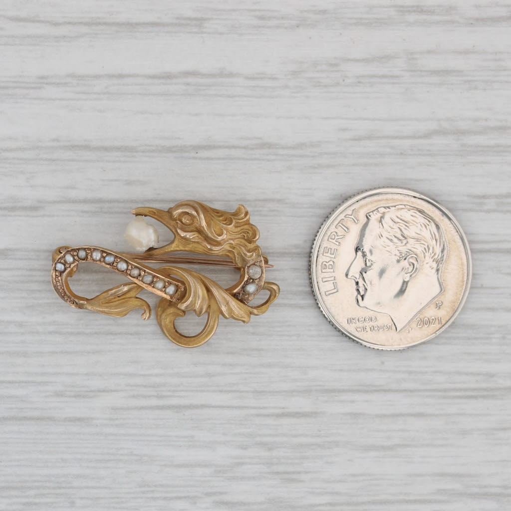 Gray Art Nouveau Cultured Baroque Pearl Dragon Pin 10k Yellow Gold Antique Brooch