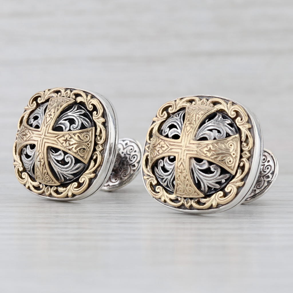 Ornate Openwork Cross Cufflinks Sterling Silver 18k Yellow Gold Konstantino