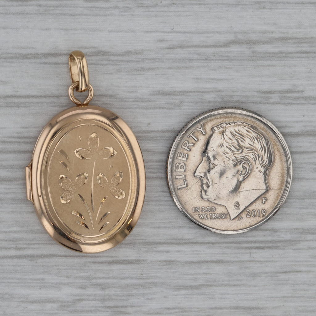 Dark Gray Floral Engraved Engravable Locket Pendant 14k Yellow Gold Vintage