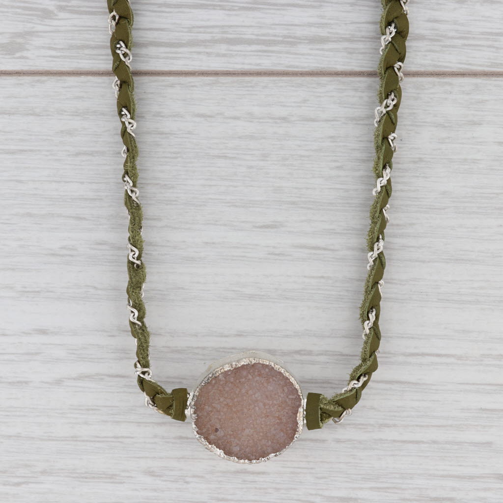New Nina Wynn Cordelia Woven Green Leather Necklace White Druzy Quartz Pendant