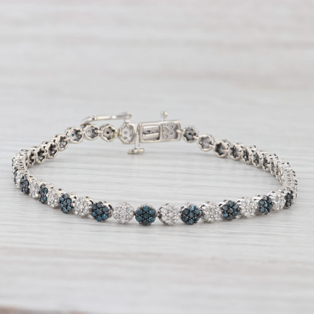Light Gray 1.02ctw Blue White Diamond Flower Cluster Tennis Bracelet 10k White Gold 7"