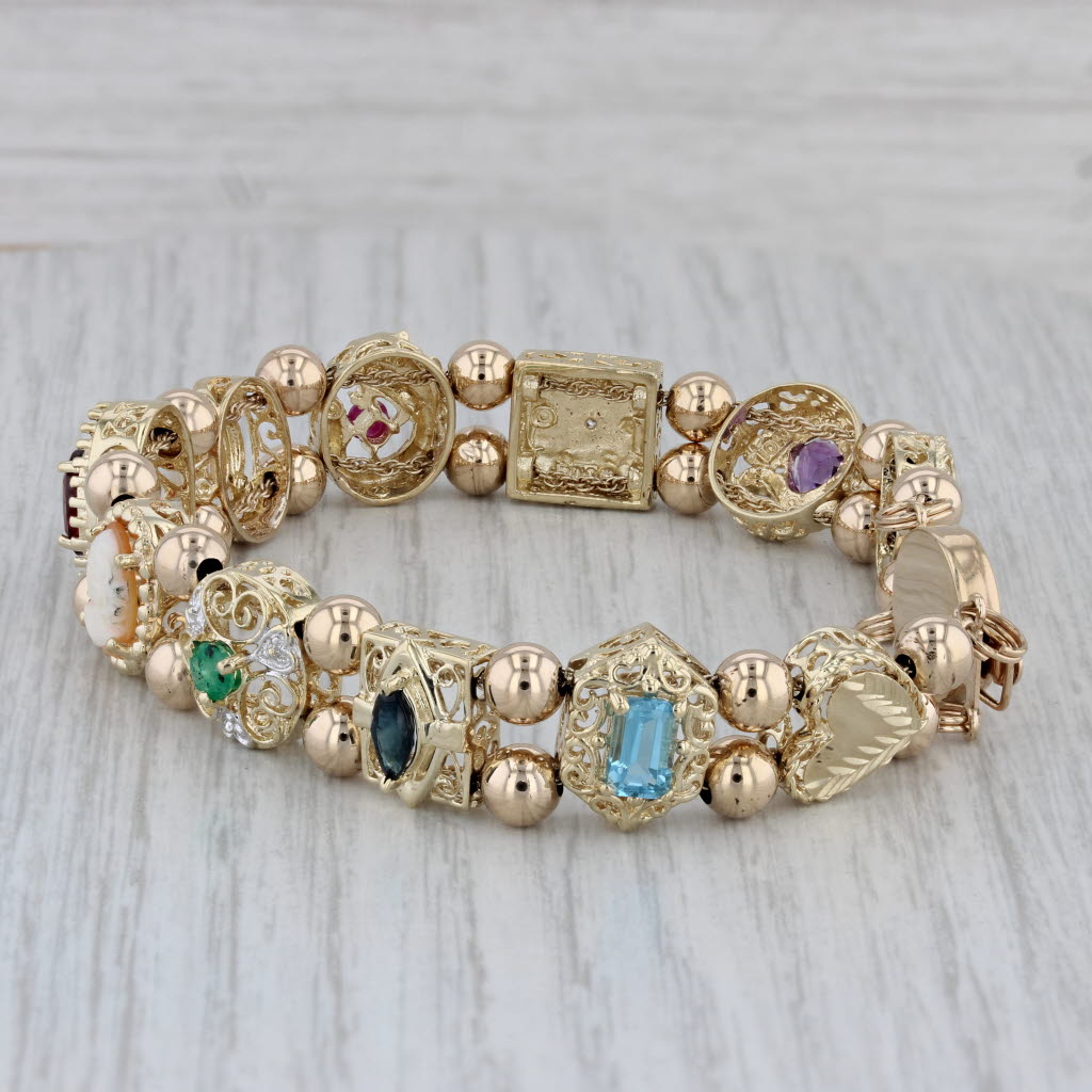Gray Gemstones Slide Charm Bracelet 10k Gold 7.25" Cameo Amethyst Emerald Topaz Opal