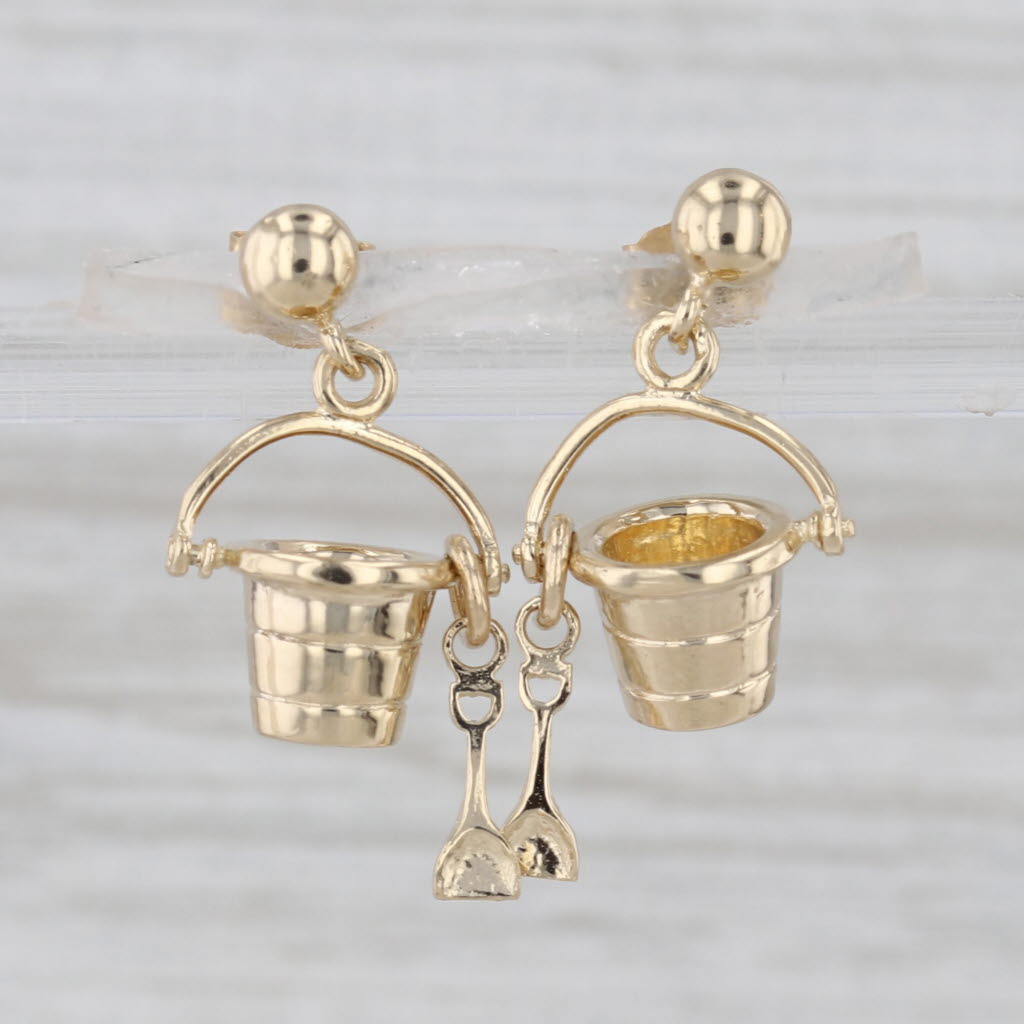 Sandbucket Shovel Dangle Earrings 14k Yellow Gold Beach Nautical Theme Jewelry
