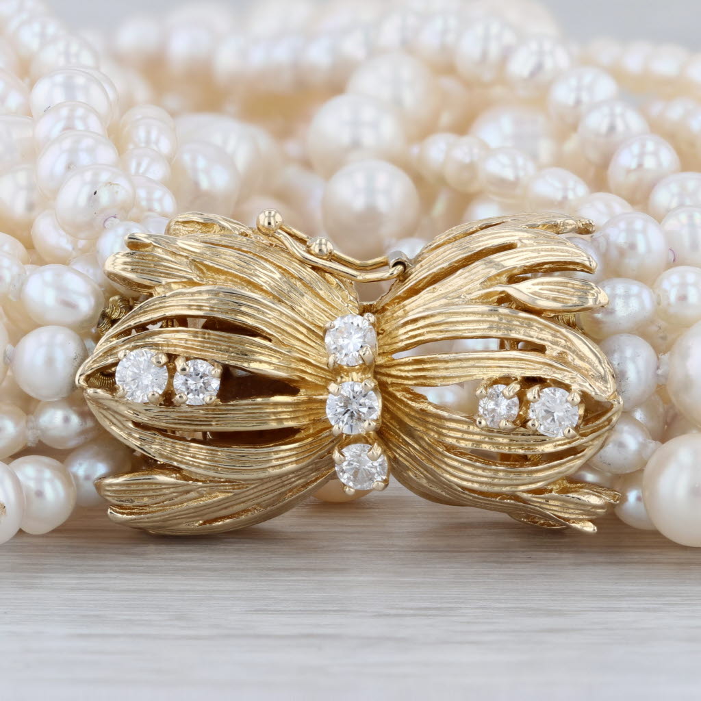 Vintage Multistrand Cultured Pearl Diamond Bracelet 14k Yellow Gold 9"