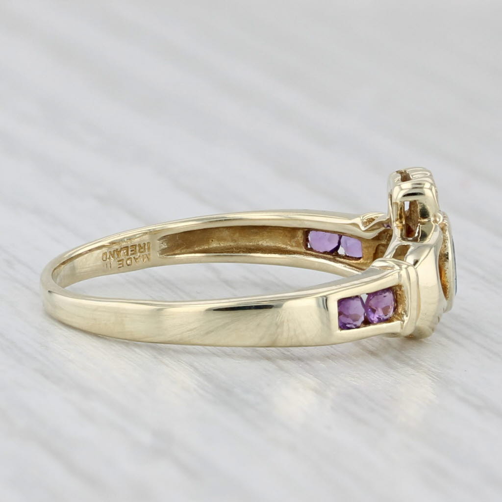 Light Gray 0.39ctw Blue Topaz Amethyst Claddaugh Ring 14k Gold Size 7.25 Made in Ireland