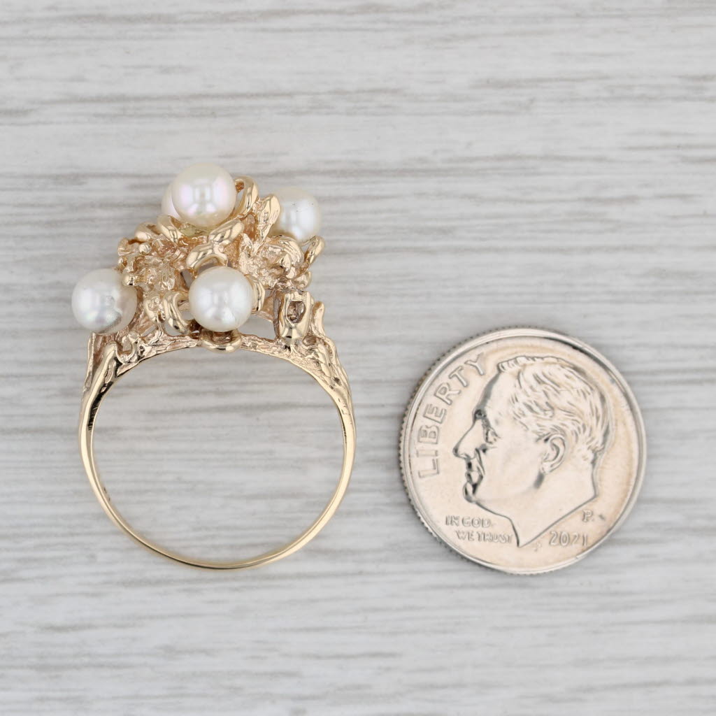 Gray Cultured Pearl Cluster Diamond Ring 10k Yellow Gold Size 7.5