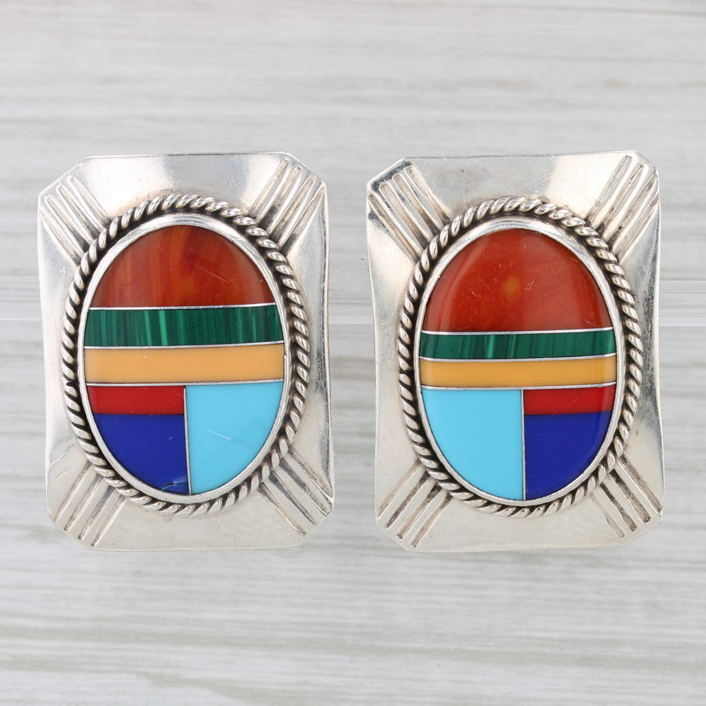 Light Gray Southwestern Vintage Resin Mosaic Earrings Sterling Silver Large Clip Ons