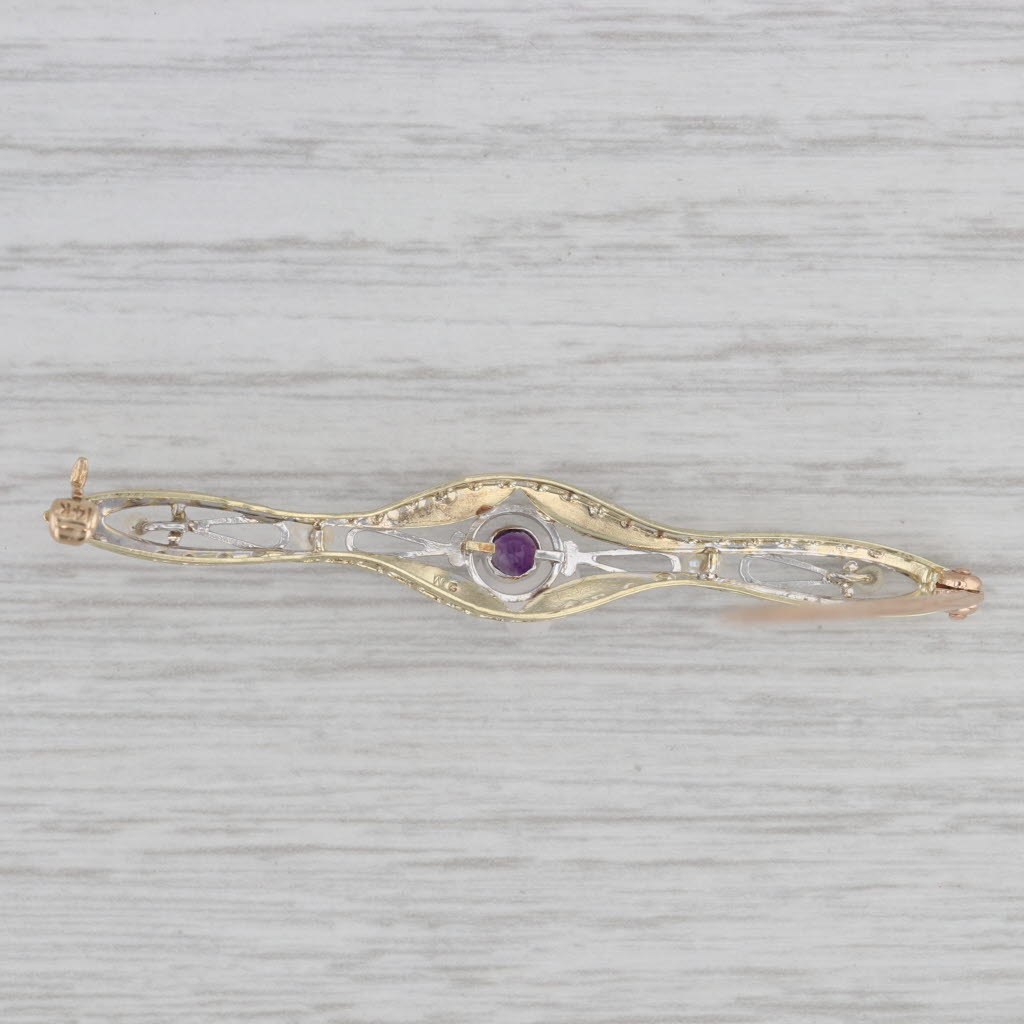 Gray Vintage Seed Pearl 0.10ct Amethyst Ornate Bar Pin 14k Gold Brooch