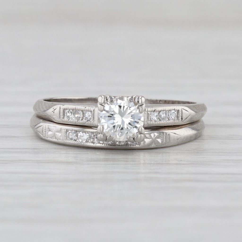 Vintage 0.39ctw Diamond Engagement Ring Wedding Band Bridal Set Platinum Sz 5.5