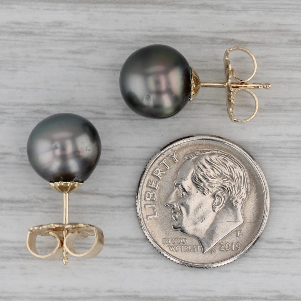 Dark Gray Gray Cultured Pearl Stud Earrings 14k Yellow Gold 9.9mm