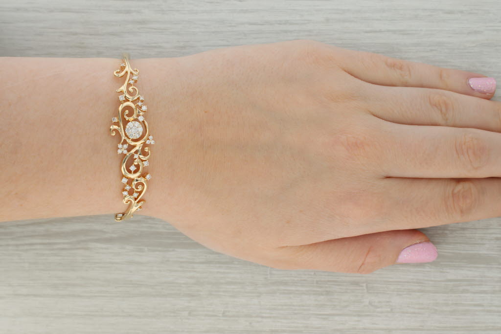 Tan Effy Ornate 0.76ctw Diamond Bangle Bracelet 14k Yellow Gold 6.75" Hinged