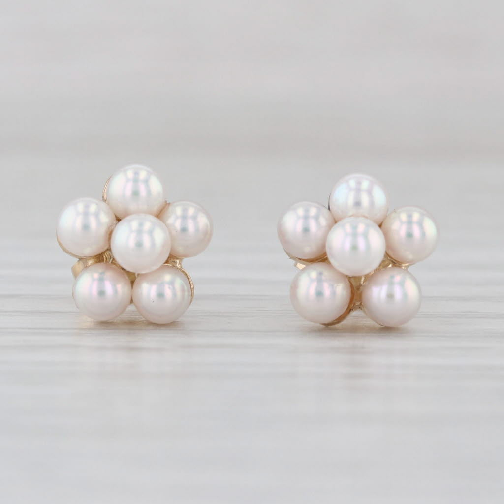 Vintage Cultured Pearl Cluster Stud Earrings 14k Yellow Gold Studs