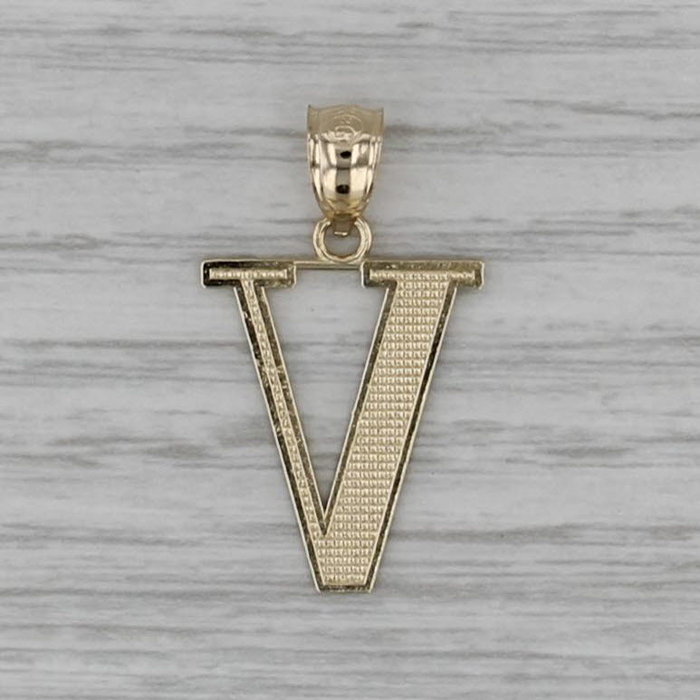 Etched Pattern Letter Initial "V" Pendant 10k Yellow Gold Drop