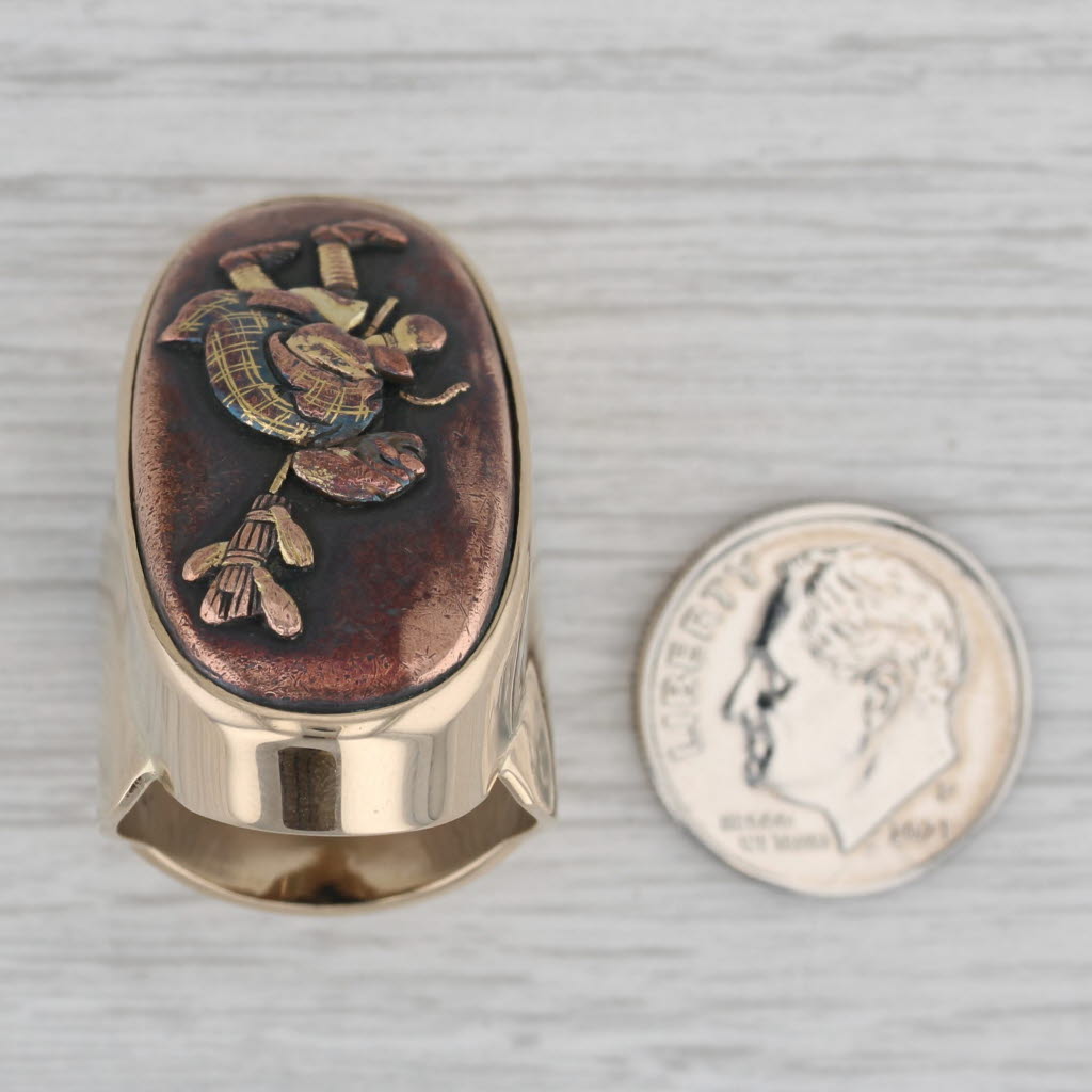 Large Japanese Shakudo Figural Signet Ring 14k Gold Copper Inlay Ancient Figure