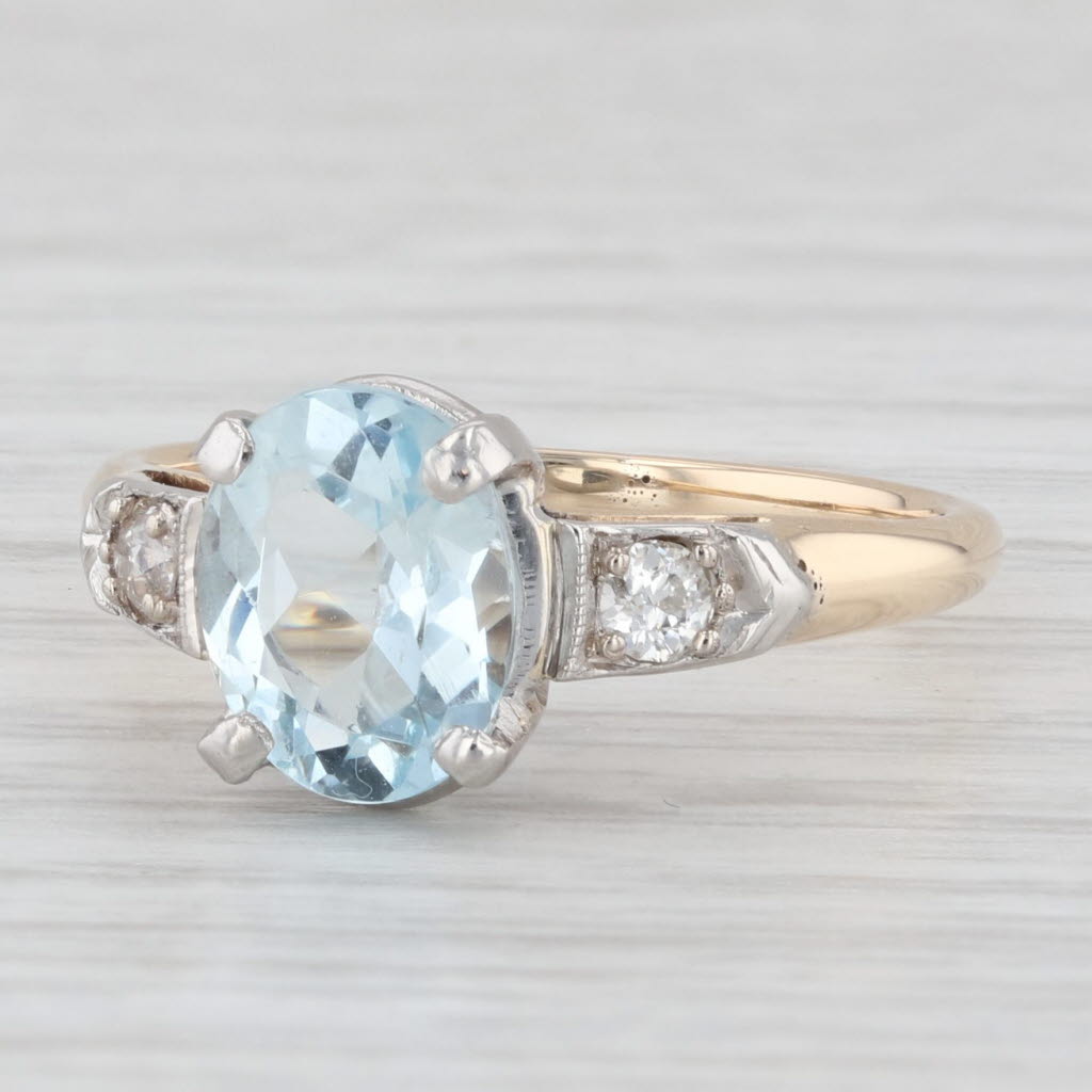 Light Gray Vintage 1.69 ctw Aquamarine Diamond 14K Yellow Gold Platinum Ring Size 6.75