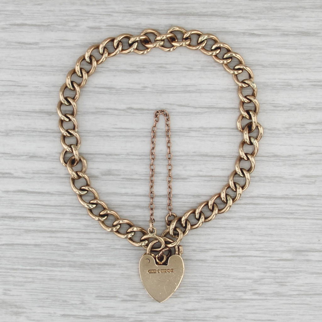 Vintage Pad Lock Heart Charm Bracelet 9k Yellow Gold 7" Curb Chain British