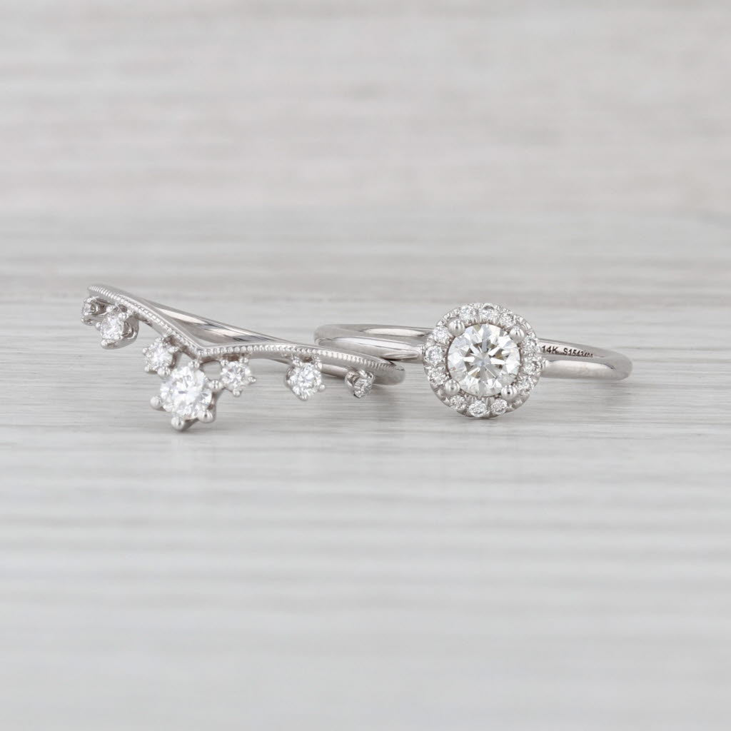 Gabriel & Co Diamond Halo Engagement Ring Wedding Band Bridal Set 14k White Gold