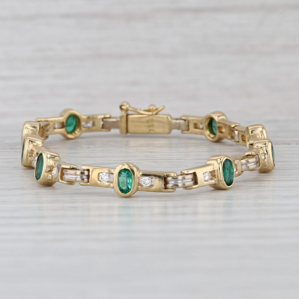1.96ctw Emerald Diamond Bar Link Bracelet 18k Yellow Gold 6.5"