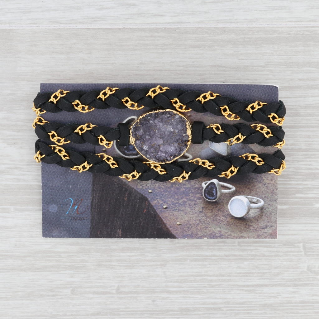 New Nina Wynn Necklace Cordelia Black Leather Amethyst Druzy Pendant NWT