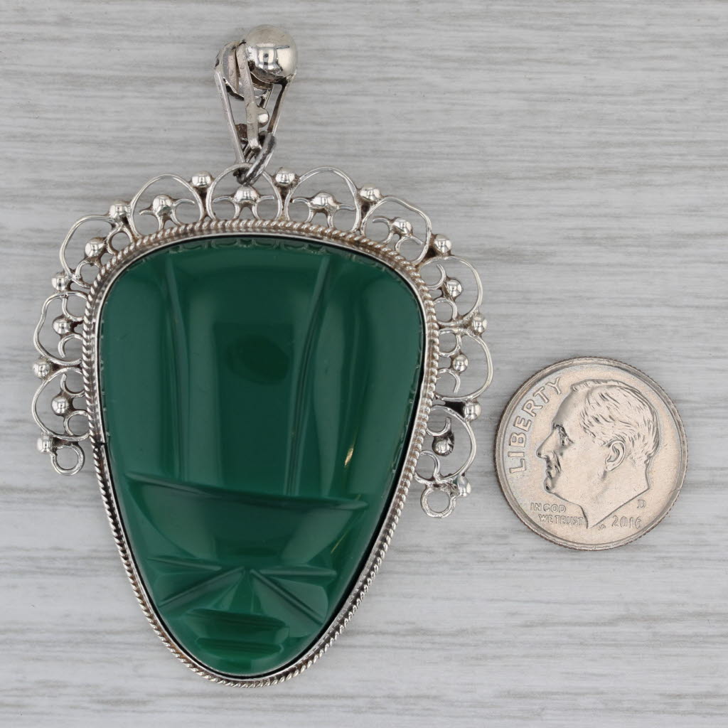 Green Glass Carved Tribal Face Brooch Pendant Sterling Silver Vintage Mexico