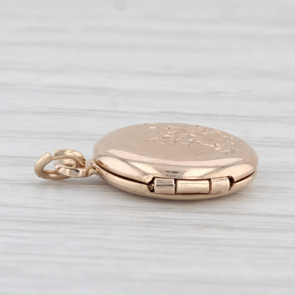 Light Gray Floral Engraved Small Locket Pendant Charm 10k Yellow Gold Opens