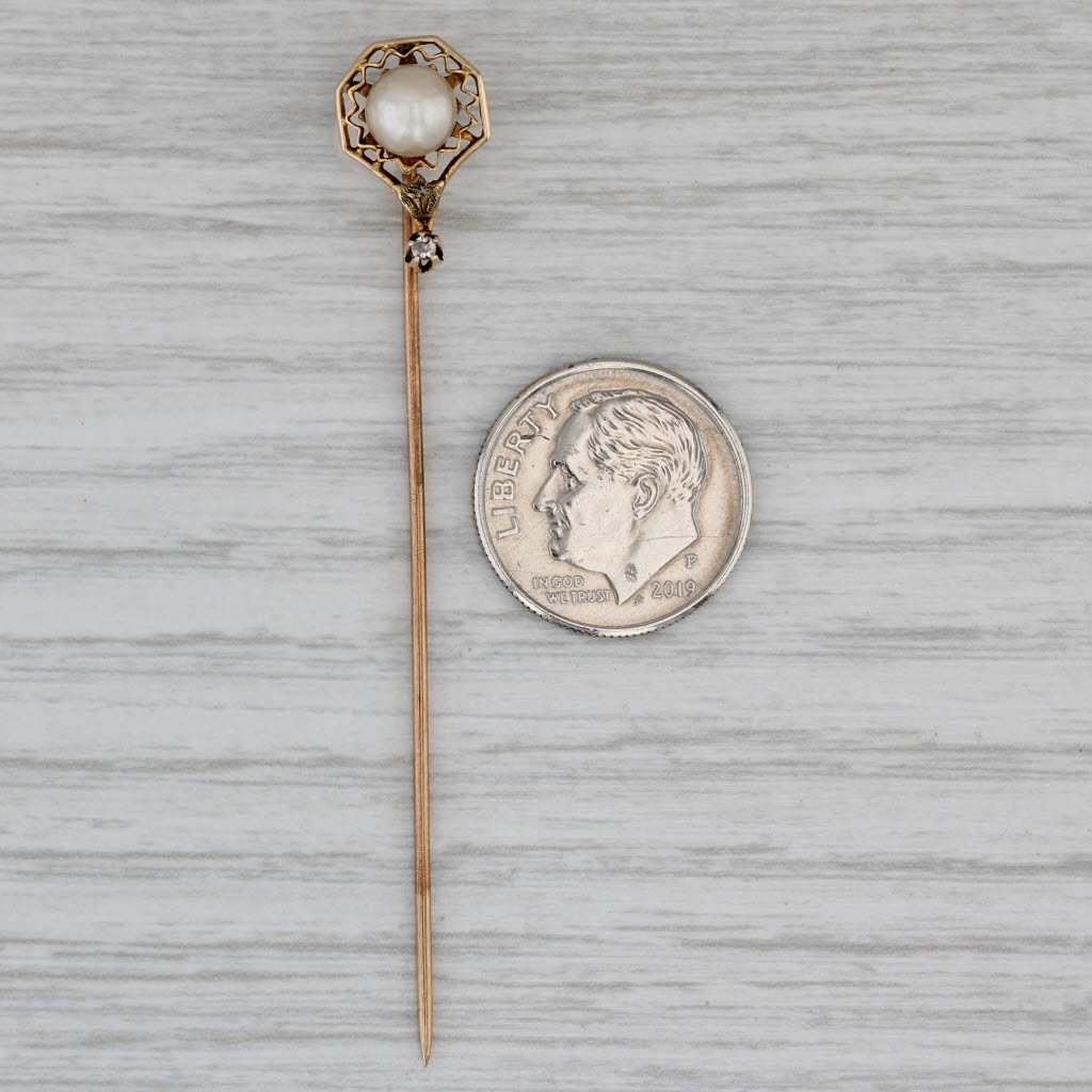 Gray Antique Pearl Diamond Stickpin 10k Yellow Gold Pin