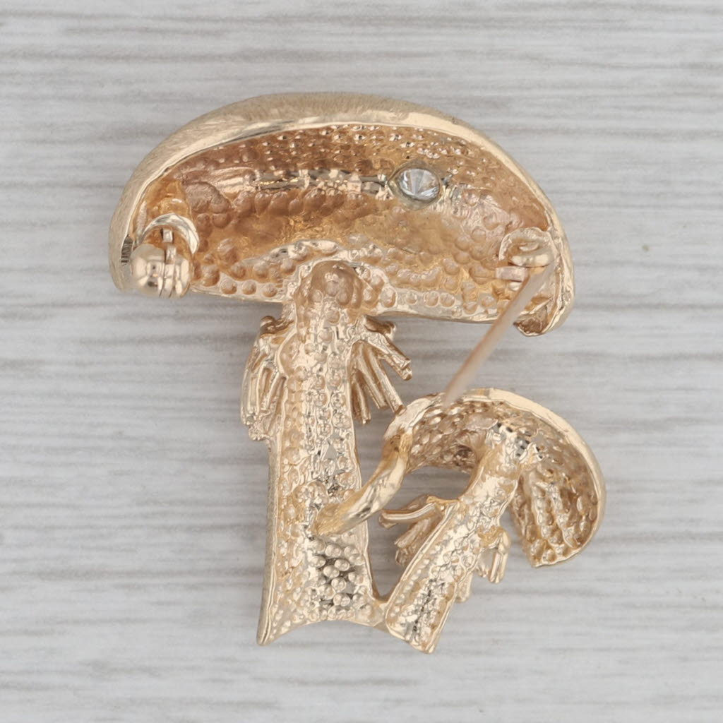 Gray Diamond Accented Big Little Mushroom Brooch Pendant 14k Gold Statement Pin