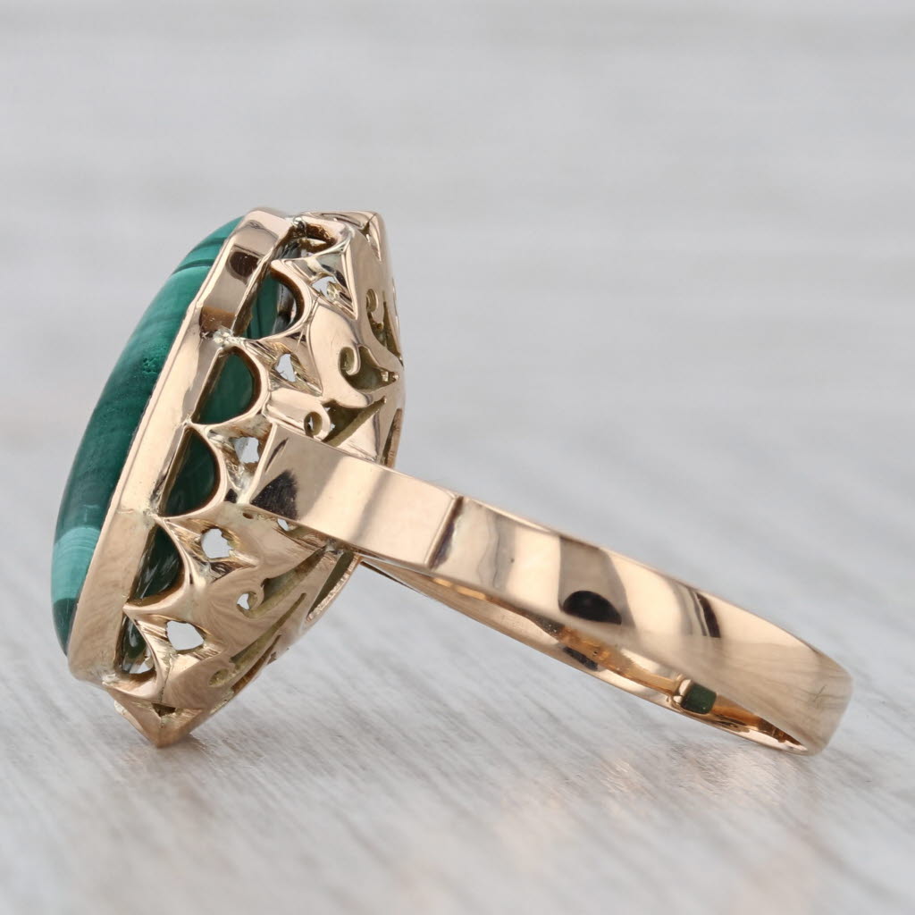 Gray Vintage Malachite Marbled Green Oval Cabochon Ring 12k Yellow Gold Size 7.5