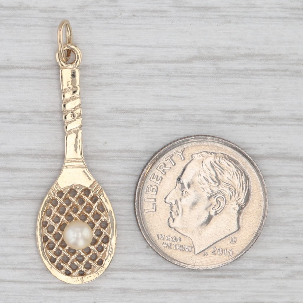 Light Gray Cultured Pearl Solitaire Tennis Racquet Pendant 14k Yellow Gold Charm