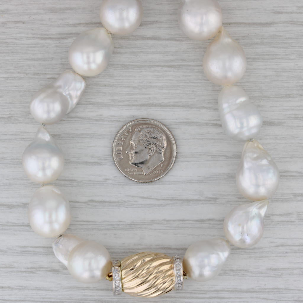 Gray Cultured Baroque Pearl Strand Necklace 0.10ctw Diamond Clasp 14k Gold 18.5"