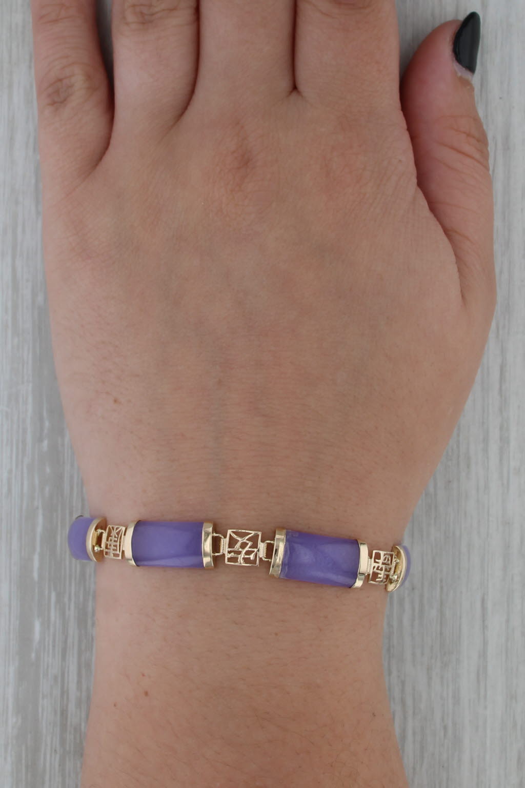 Lavender Jadeite Jade Link Bracelet 14k Yellow Gold 6.75" Chinese Calligraphy