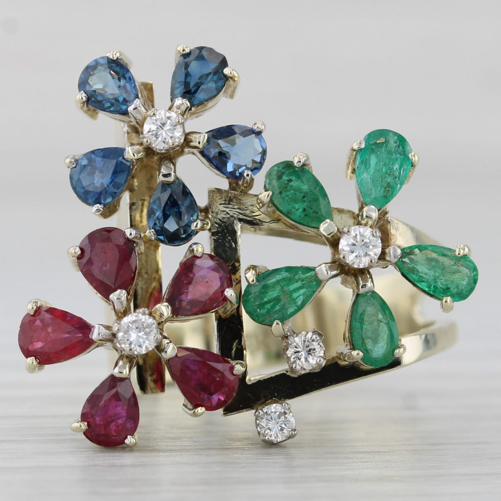Gray 3.09ctw Gemstone Flower Ring 14k Gold Emerald Ruby Sapphire Diamond Size 6.5