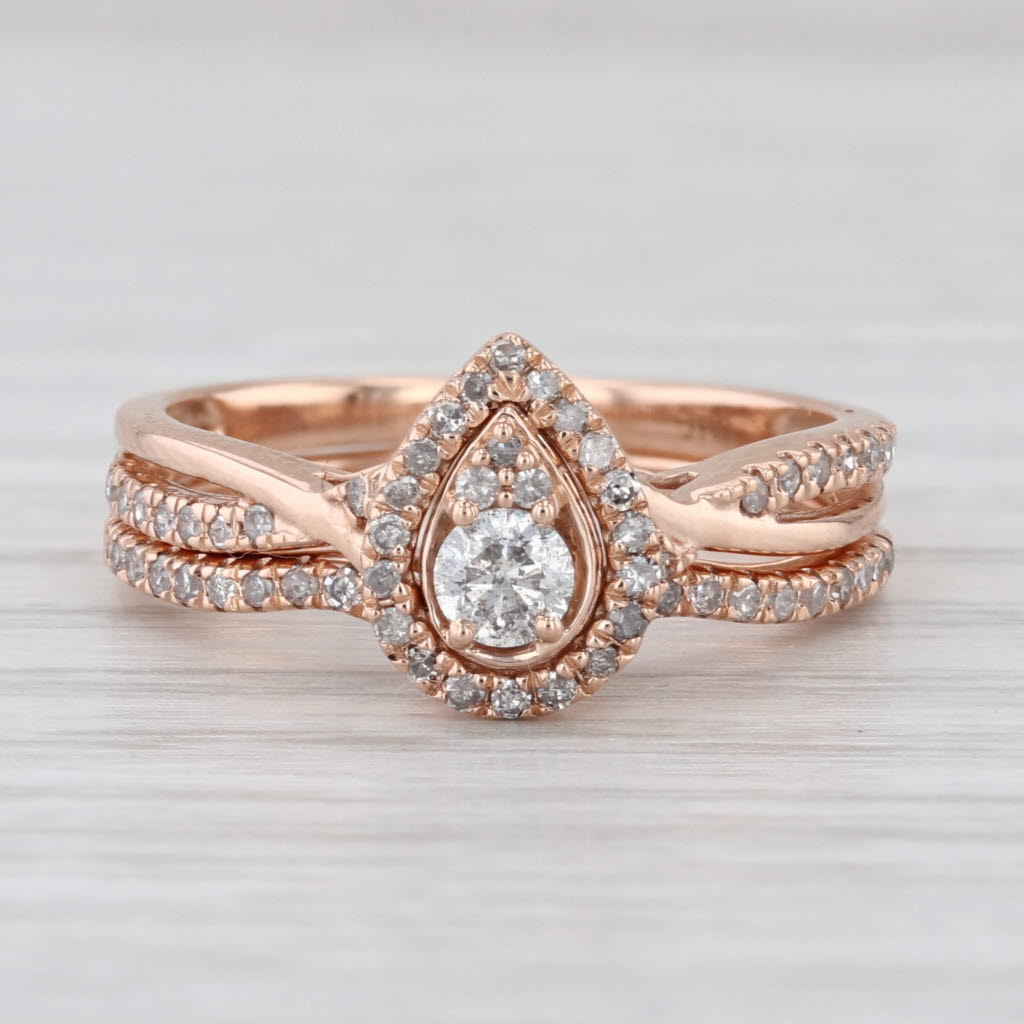 0.37ctw Pear Diamond Halo Engagement Ring Wedding Band Bridal Set 10k Rose Gold