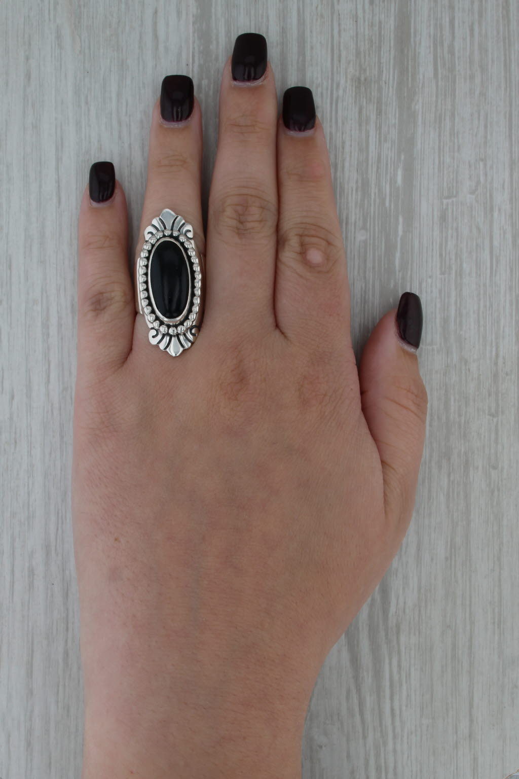 Obsidian Black Oval Cabochon Sterling Silver Ring Size 6.5 Statement